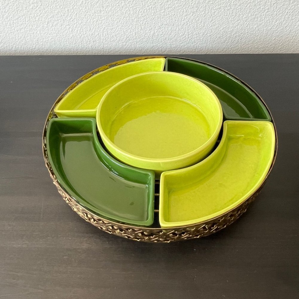 Midcentury Green Ceramic Chip & Dip Set // Decorative Brass Holder // Made in CA
